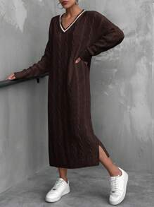 EURMUSE V-Neck Black Contrast Color Design Braided Pattern Maxi Women Dress - Chocolate Brown - View 6