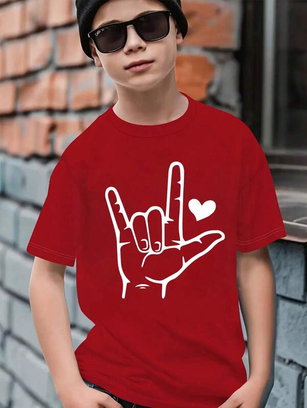 SHEIN GraphicGems Tween Boy Casual Fashion Creativ Inimă Gesturi cu mâna Tricou de bază cu mânecă scurtă