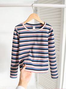 SHEIN Leap Crew Tween Girls' Casual Knit Colorful Striped Long Sleeve Top - Dusty Blue - View 1