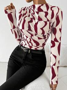 SHEIN PETITE Asymmetrical Geometric Ruched Collar Long Sleeve Casual T-Shirt For Women Graphic Tees Women Tops For Spring