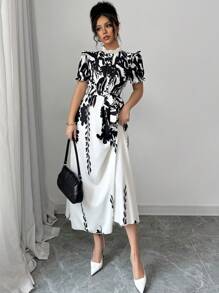 Calvaya Plant Print Stand Collar Ruffle Trim Empire Waist Women Short Sleeve Dress
