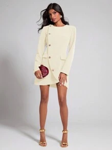COSMINA Women's Solid Color Front Button Closure Round Neck Elegant Long Sleeve Mini Dress - Apricot - View 3