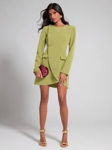 COSMINA Chic Green Mini Dress: Long Sleeve Asymmetrical Button Blazer Dress For Women,Business Casual Woman - Green - View 3