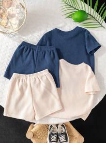 SHEIN 4pcs Set Of Baby Boy/Girl Letter Print Knit Soft Round Neck Short Sleeve Drop Shoulder Top And Elastic Waist Shorts