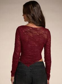 SHEIN BAE Blusa de mujer de color gris verde de cuello redondo asimétrico y transparente, ideal para una cita nocturna, fiesta de solteros, fiesta de cócteles, inicio del colegio, conciertos, fiestas rave, salidas de moda y de alta calle. Blusa de manga larga de encaje para mujer, diseño sexy - Burdeos - Ver 2