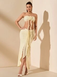 SHEIN BAE Summer Vacation Style Date Night Slit Maxi Dress, Women 2 Pieces Strapless Set - Apricot - View 6
