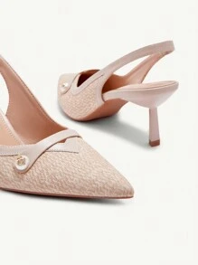 CUCCOO CHICEST Women's Pointed Toe Faux Pearl Buckle Woven Upper Mid-Heel Pumps, Comfortable & Elegant Commuter Shoes, Available In Pink & Apricot, Suitable For Commute, Romantic Dates, Afternoon Tea Spring Shoes Spring Break Easter Prom Heels