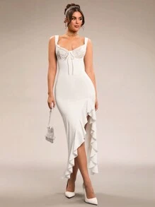 SHEIN BAE Elegant Sexy Women's Lace Patchwork High Slit Ruffle Hem Dress, Suitable For Girlfriend Gathering, Party, Spring Outing, Romantic Vacation