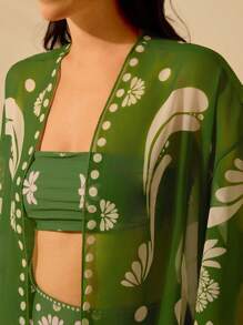 CAJUNI Women's Boho Green Tropical Print Casual Holiday Beach Swim Cover Up Kimono For Summer Beach Vacation