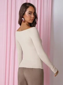 COSMINA Blusa informal de manga larga con botones delanteros y media cartera, unicolor, para otoño - Albaricoque - Ver 2