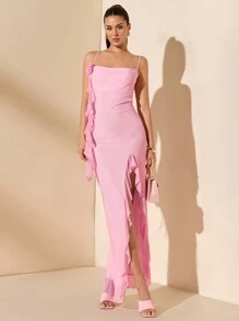 SHEIN BAE 女士春季浪漫约会和派对粉色连衣裙，带荷叶边饰边、系带肩带、高开衩细节，非常适合情人节 - 粉色 - 查看 1