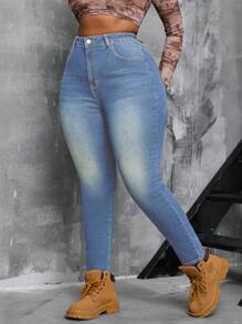 SHEIN SXY Jeans ajustados y elásticos de talla grande para mujer, estilo vitage