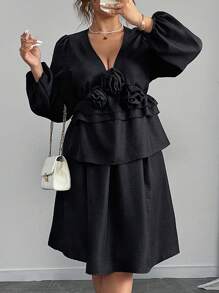 SHEIN Unity Plus Size 2pcs Floral V-Neck Ruffle Top And Elegant Skirt Set - Black - View 6
