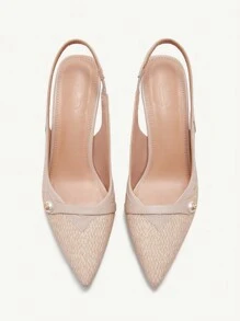 CUCCOO CHICEST Women's Pointed Toe Faux Pearl Buckle Woven Upper Mid-Heel Pumps, Comfortable & Elegant Commuter Shoes, Available In Pink & Apricot, Suitable For Commute, Romantic Dates, Afternoon Tea Spring Shoes Spring Break Easter Prom Heels