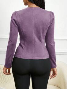SHEIN Lady Four Season/ Attire/ Suede Black Button Detail Open Front Jacket In Fall/Winter - Purple - View 3