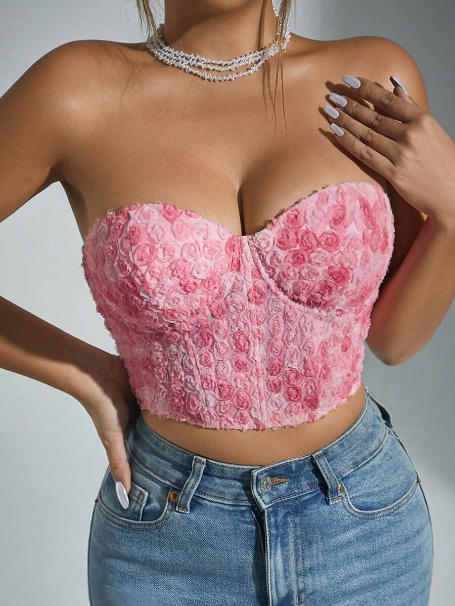 Zolique Reggiseno francese sexy e dolce, con rose rosa e fiori tridimensionali, in rete e acciaio, a forma di cerchio e lisca di pesce, adatto per la Festa di San Valentino