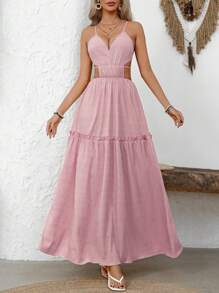 Breezaya Cut Out Waist Ruffle Hem Cami Dress Maxi Vacation Beach Outfits Women - Pink - View 3