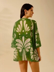 CAJUNI Women's Boho Green Tropical Print Casual Holiday Beach Swim Cover Up Kimono For Summer Beach Vacation