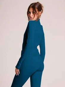 Musera Sport Full Zip Through High Neck Activewear Jacket, Padel, Tennis, Pickleball Gym Fitness Fall Winter - Teal Blue - View 6