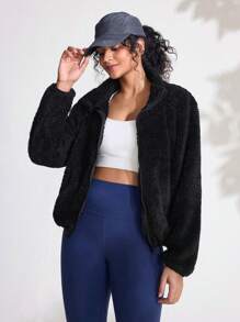 SHEIN Sports Giacca corta in pile di corallo, maglione reversibile in pile con cappuccio per coppie, invernale caldo e imbottito