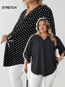 SHEIN CURVE+ 大码女式圆点印花缺口领卷袖休闲衬衫 - 黑與白 - 查看 7