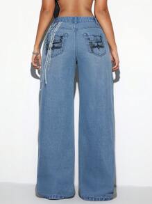 SHEIN ICON Jean large imprimé pour femme - Jean bleu - Voir 2