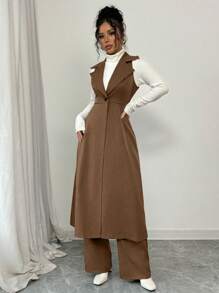 Elenzga Áo khoác Maxi dáng chữ A không tay ve dài thanh lịch kèm quần dài Bộ 2 món - màu nâu - Xem 6