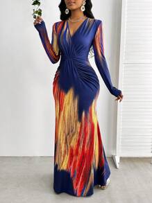 SHEIN Lady 优雅时尚渐变印花连衣裙 四季长款女士连衣裙 - 彩色 - 查看 1