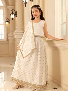 Tween Girls 2 Pieces Set: Rib Knit Halter Neck Tank Top And Gold Dot Print Skirt - White - View 6