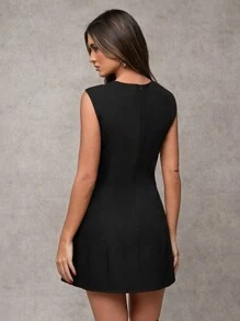 SHEIN BAE Women's Black Sleeveless Hollow Stitching Velvet Bow Slim A-Line Casual Dress, Women's Going Out Dress Valentine's Day Dress - Light Grey - View 2