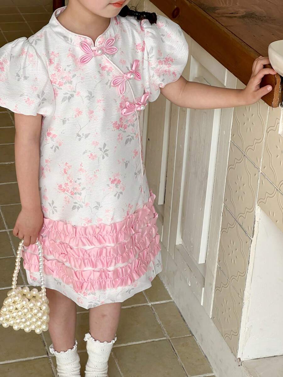 DAZY Vestido elegante y sencillo con estampado floral de manga corta para niña, conjunto de ropa de verano para niñas