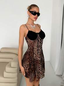EgrlEra Women Leopard Contrast Lace Camisole Mini Dress - Multicolor - View 3