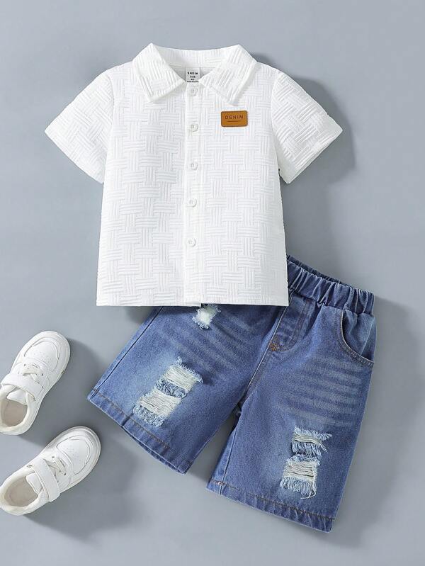 SHEIN Toddler Boys 2pcs Summer Casual Set, Solid Color Short Sleeve Shirt Top + Loose Shorts, Simple & Stylish Design