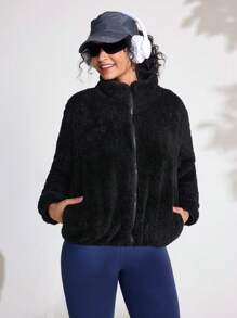 SHEIN Sports Giacca corta in pile di corallo, maglione reversibile in pile con cappuccio per coppie, invernale caldo e imbottito