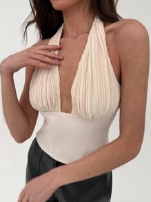 Aloruh 杏色深 V 领系带露背褶饰女式吊带背心 - 杏色 - 查看 5