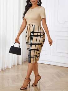 SHEIN Lady Black Shirt Collar Printed Women's Dress Zipper Design Slim Fit Women's Dress - Khaki - View 6