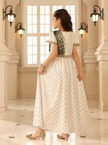 Tween Girls' Elegant V-Neck Cap Sleeve Foil Geometric Print Dress - Green - View 2