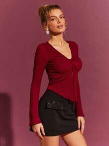 L'Amorae Top à manches longues avec ouverture torsadée pour la Saint-Valentin, tenues d'été pour femmes - Vert - Voir 4