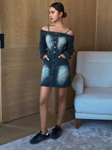DAZY Robe courte à manches longues et épaules dénudées en jean délavé et déchiré, robe en jean décontractée pour femmes pour le printemps, l'été et l'automne