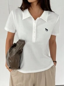 DAZY Women's Polo Collar Front Button Embroidery Slim Fit Short Sleeve T-Shirt Summer - White - View 6