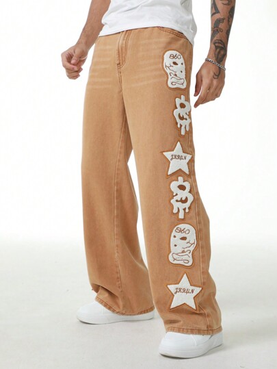 Street Life Men's Casual Star Embroidery Relaxed Fit Jeans