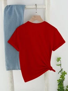 Sparklyn Valentine's Day, Valentine's Day Girls' Casual, Fashionable, Creative, Unique, Fresh, Sophisticated, Simple, Colorful, Cartoon Style, Printed Casual Basic Short T-Shirt, Comfortable To Wear, Valentine's Day Atmosphere, Suitable For Girls' Holiday Outfits, Outing Tops. - Burgundy - View 2