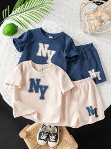 SHEIN 4pcs Set Of Baby Boy/Girl Letter Print Knit Soft Round Neck Short Sleeve Drop Shoulder Top And Elastic Waist Shorts