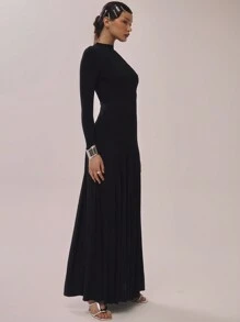 MUSERA Soft Woven High Neck Long Sleeve Floaty Maxi Dress Elegant Spring Summer Vacation Party  Party Elegant  Chic - Black - View 2