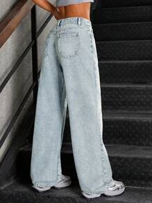 SHEIN ICON Casual Vintage Washed Loose Waist Wide Leg Jeans - Light Wash - View 2