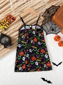 Girls Toddler Skull & Pumpkin All-Over Print Suspender Ruched Trim Fitted Halloween Dress - Black - View 2