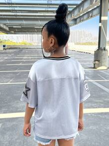 SHEIN 青少年女孩休闲街头时尚运动 V 领短袖上衣 - 淺藍色 - 查看 3