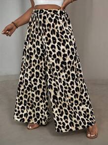 SHEIN VCAY Plus Size Casual Loose Leopard Print Palazzo Pants - Apricot - View 4