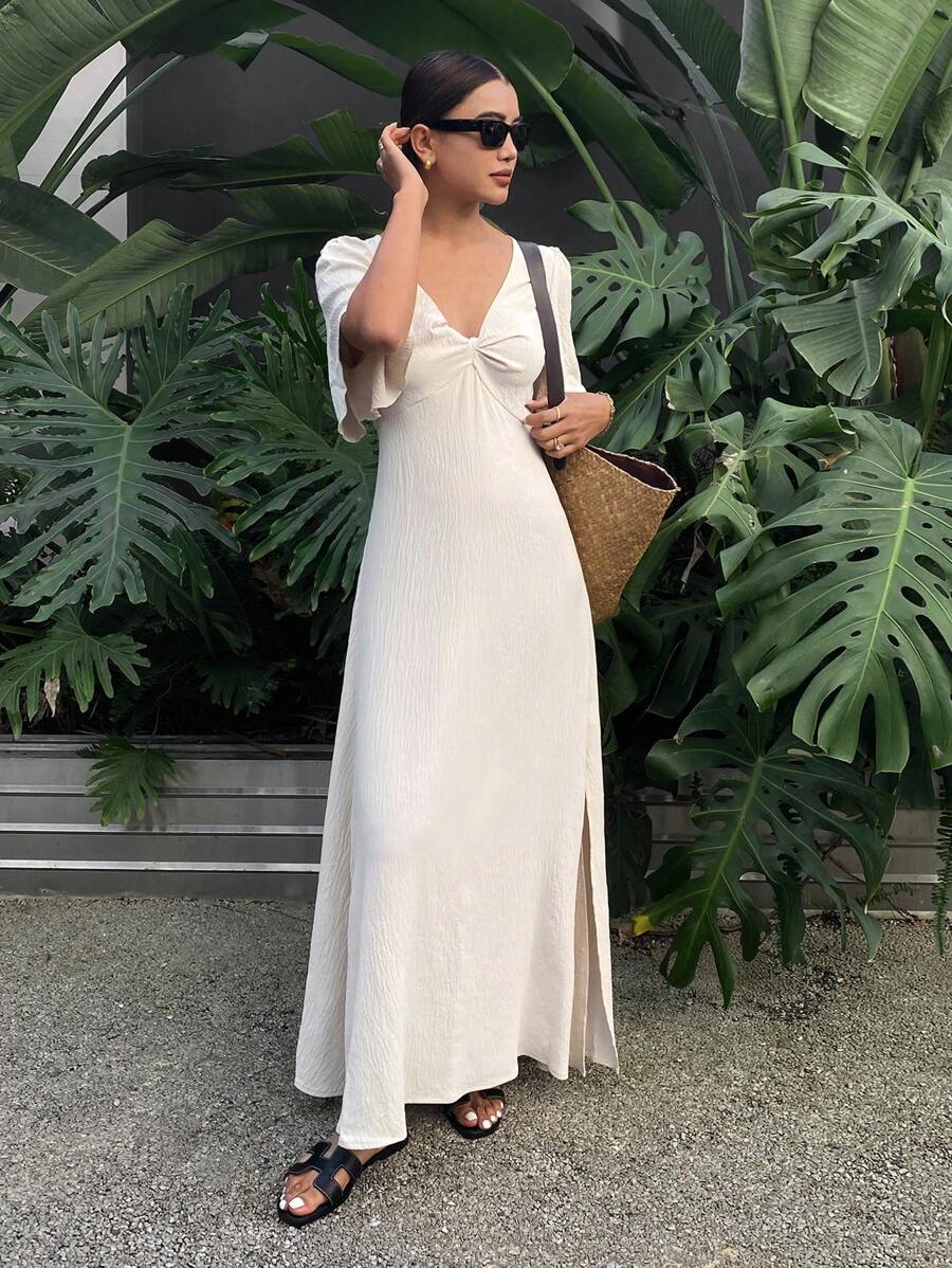 Serisse Đầm tay bồng màu trơn đơn giản đi nghỉ mát cho nữ - Màu be - Xem 1