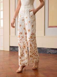 ZEYLAH WOMEN'S FLORAL PRINT EYELET EMBROIDERY SUIT PANTS, SPRING SUMMER - Multicolor - View 4